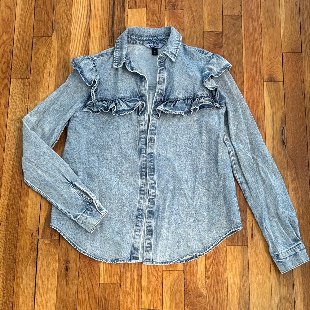 Blue Denim Button Ruffle detail Shirt (3)
